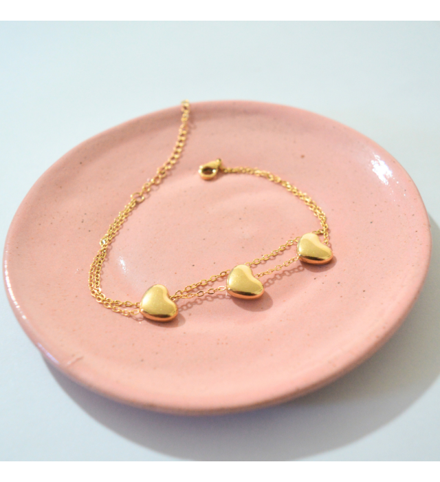 Pulseira dupla com 3 corações maciços