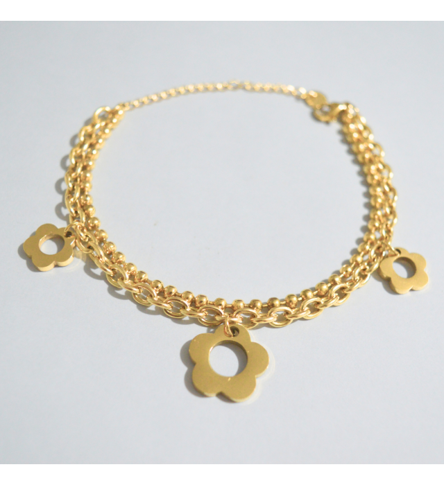 Pulseira dupla com bolinha e flor