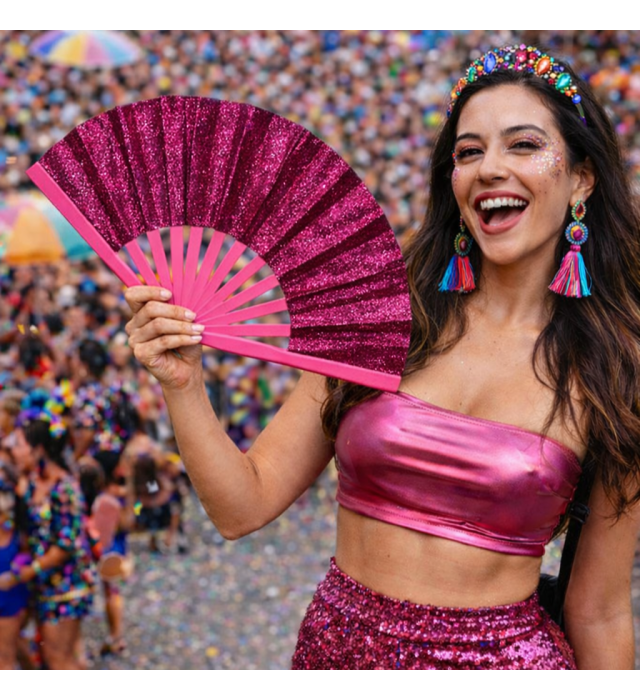 Leque com glitter grande rosa