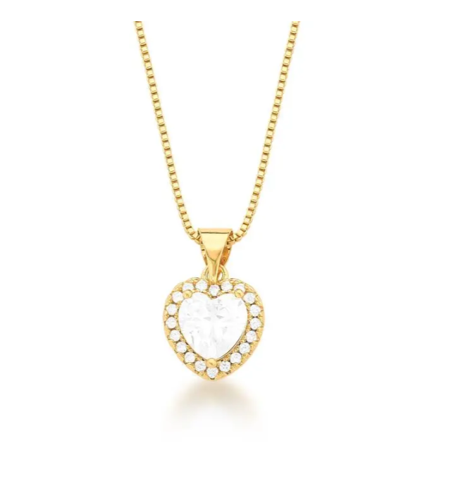 Colar com coração pedra e cravejado em volta